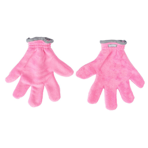 Pair of pink microfibre cleaning gloves with grey cuff, palms facing down.