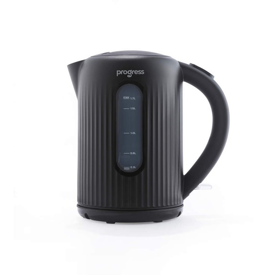 Black cordless electric kettle with ribbed texture and water level indicator