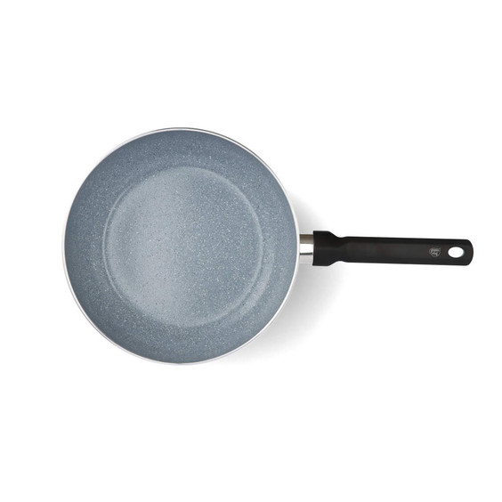 Grey non-stick frying pan with black handle, shown from above