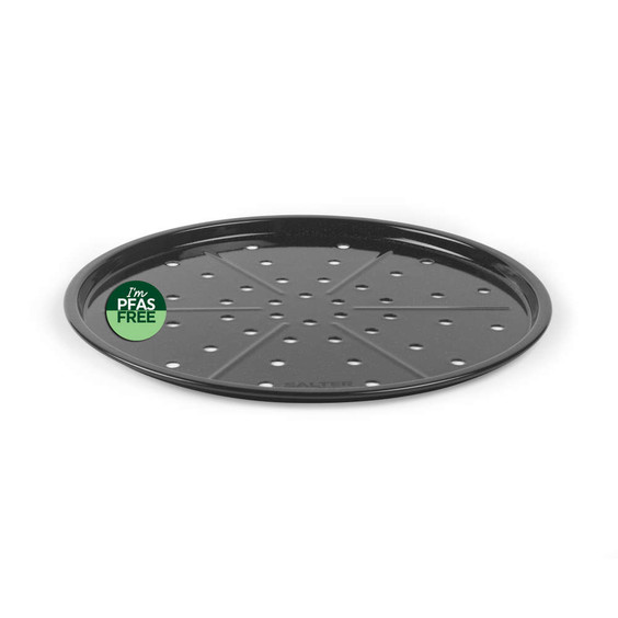 Black perforated pizza tray with PFAS free label, shown from above