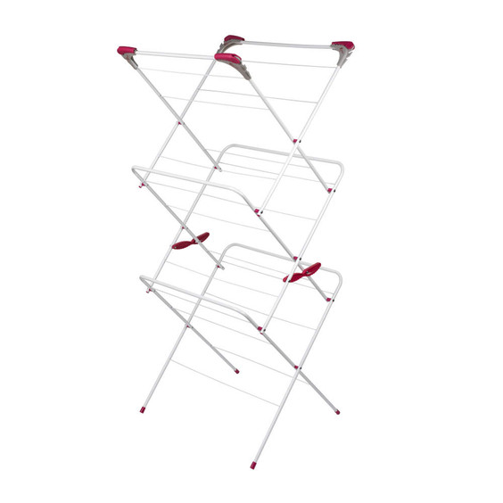 White folding clothes airer with pink accents, shown open for drying laundry