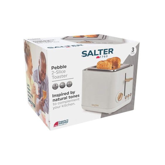 Pebble grey 2-slice toaster in box with natural tones, Salter packaging