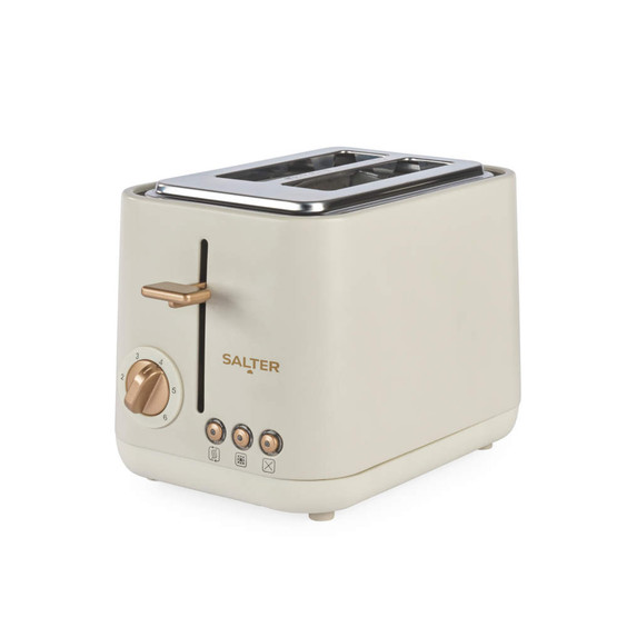 2-slice stone-coloured toaster with gold controls, side view