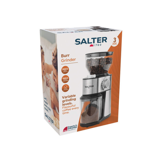 Salter burr coffee grinder retail box showing product image, features, and 3-year guarantee.
