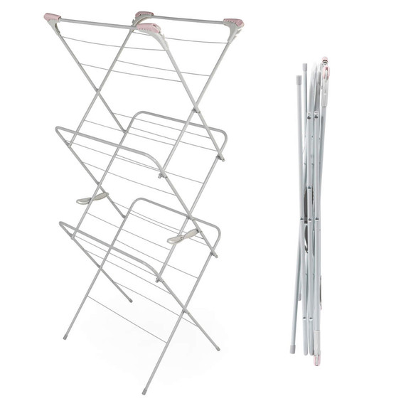 Foldable clothes airer in silver with pink accents, shown open and folded