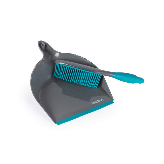 Grey and teal dustpan and brush set, angled brush head fits inside pan, Beldray branding