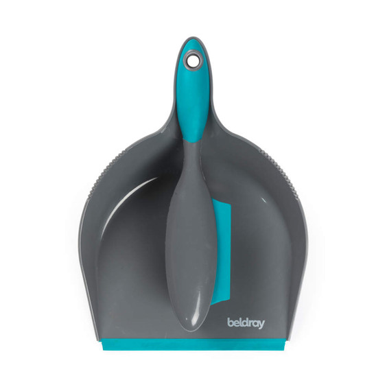 Grey and blue dustpan and brush set, brush fits neatly inside pan.
