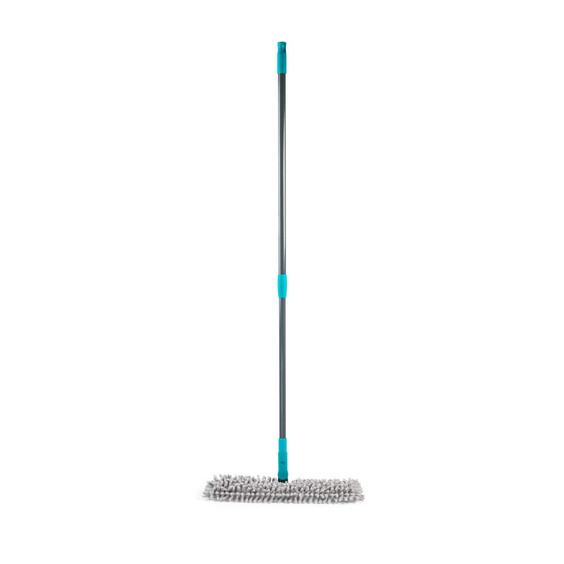 Microfibre flat mop with grey head and blue handle, suitable for hard floors