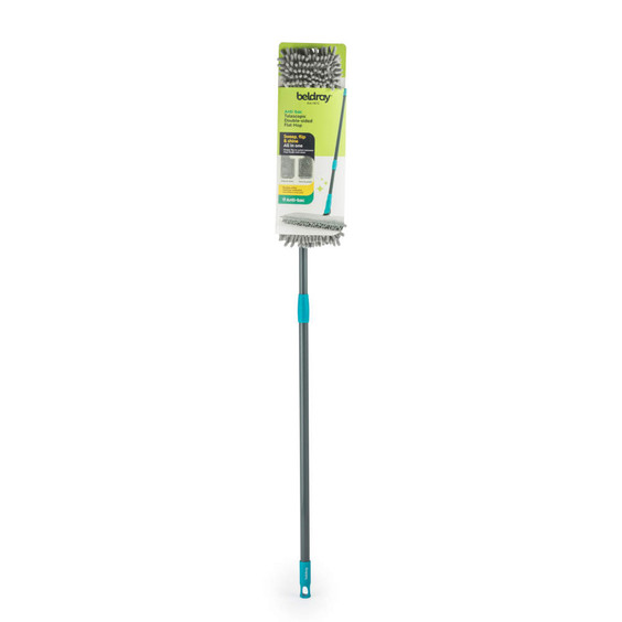 Grey double-sided flat mop with telescopic handle and blue grip, shown in retail packaging