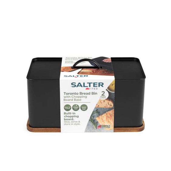 Black metal bread bin with acacia wood chopping board base, Salter Toronto range.