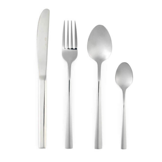Set of four silver stainless steel cutlery pieces: knife, fork, tablespoon, teaspoon.