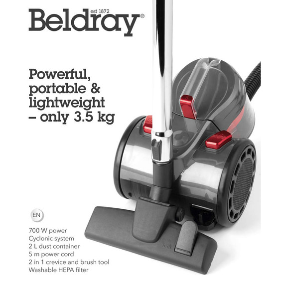 Compact grey cylinder vacuum cleaner with red accents, showing hose and floor head.
