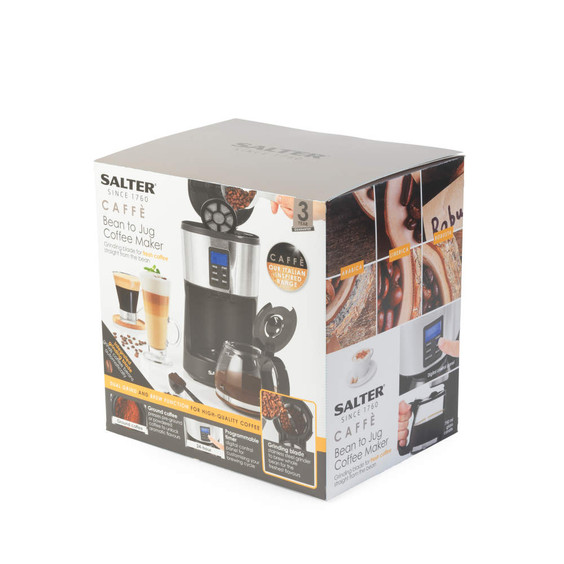 Box for Salter Caffè bean to jug coffee maker, shows machine and key features.