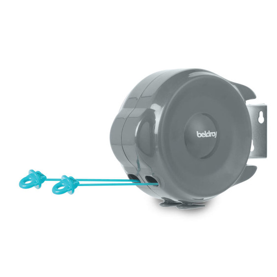 Grey retractable washing line with blue hooks, wall-mounted