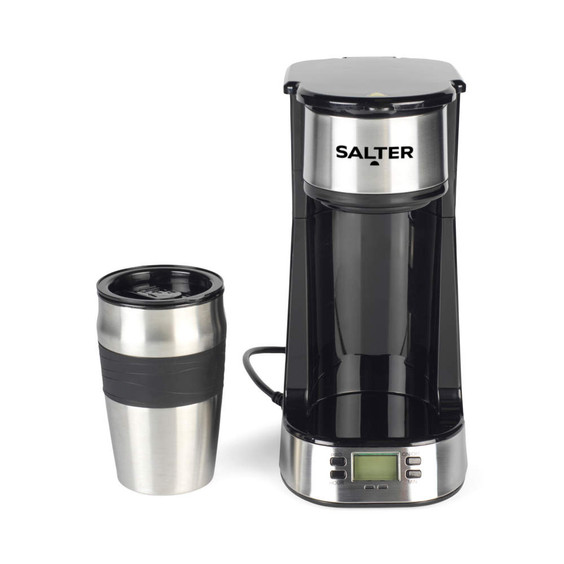 Salter single-serve coffee maker in black and silver with travel mug