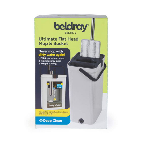 Beldray Ultimate Flat Head Mop and Bucket packaging showing mop and cleaning features.