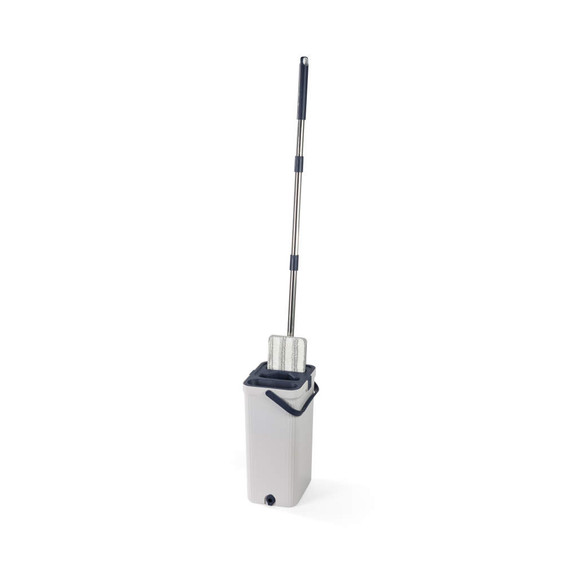 Flat mop and grey rectangular bucket with handle, shown upright for home cleaning.