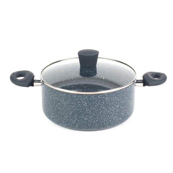 Grey speckled non-stick casserole pot with glass lid and black handles
