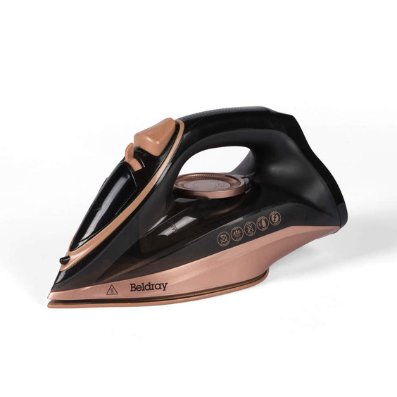 Rose gold and black Beldray steam iron, side view