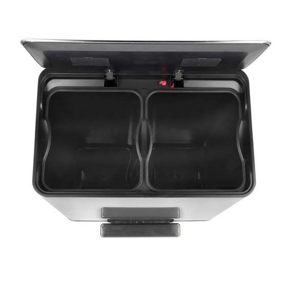Silver pedal bin with two inner compartments, lid open, shown from above