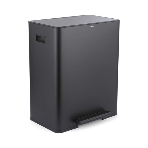 Black rectangular pedal bin with carry handles, shown closed