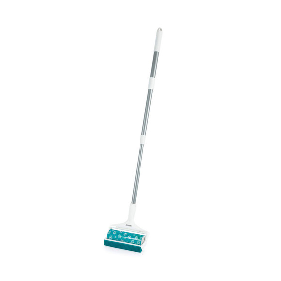 Pet hair roller mop with long silver handle and paw print blue roller.