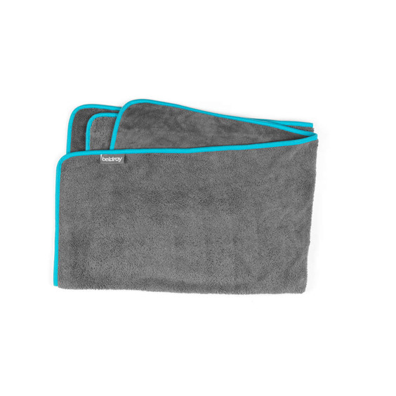 Pack of two grey microfibre cloths with blue trim for cleaning surfaces