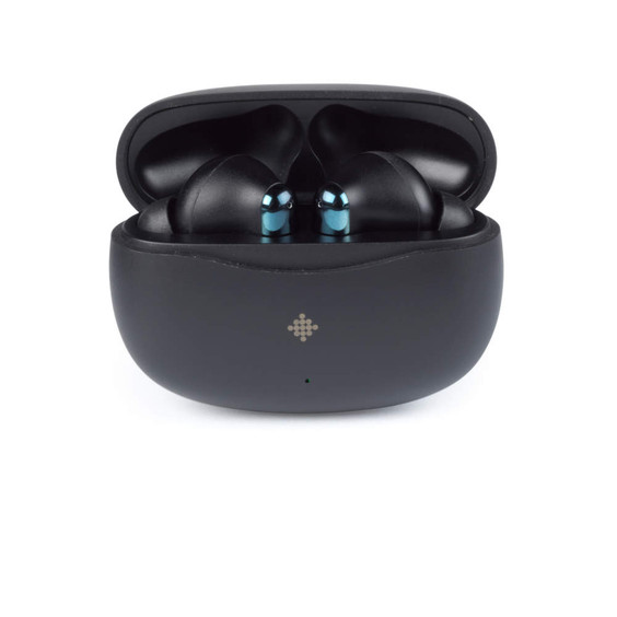 Black wireless earbuds with charging case, shown open front view