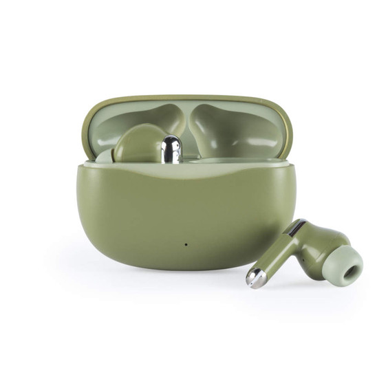Green wireless earbuds with charging case, one earbud shown outside the case