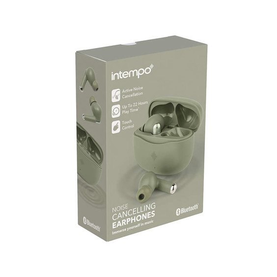 Box of green wireless noise cancelling earphones with Bluetooth and touch control
