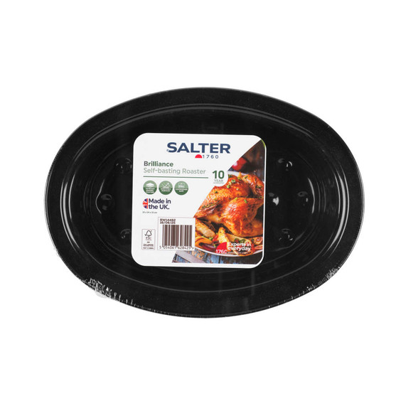 Black oval self-basting roaster tin, packaging label shown on top