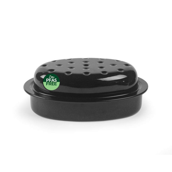 Black enamel roasting tin with lid, PFAS free label visible.