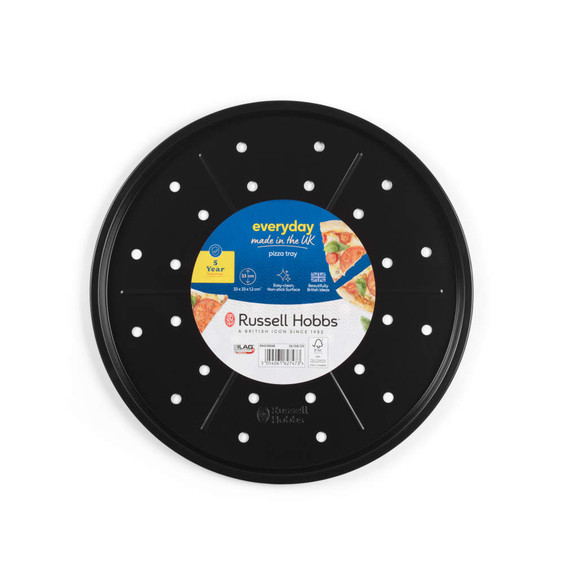 Black non-stick pizza tray with perforated design, shown in packaging.