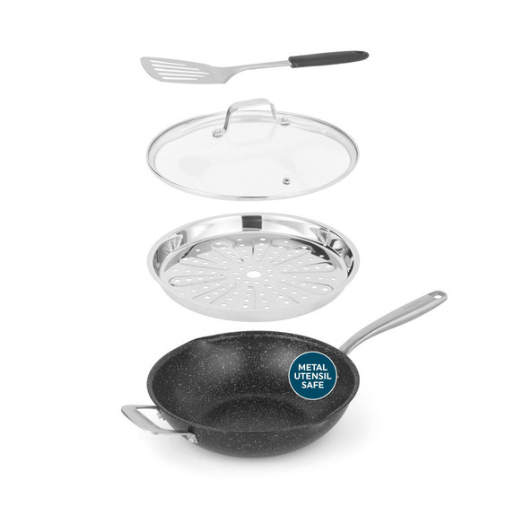 Black speckled frying pan set with glass lid, steamer insert and spatula