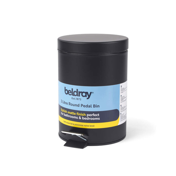 Black 3 litre round pedal bin with matte finish, suitable for bathrooms and bedrooms