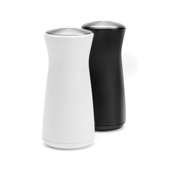 Salt and pepper mills set, white and black, stainless steel lids