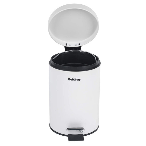 White pedal bin with open lid, black trim, Beldray logo on front