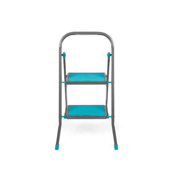 Folded two-step ladder, blue steps and grey frame, shown upright