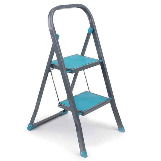 Two-step folding step ladder with turquoise steps and grey frame, shown open