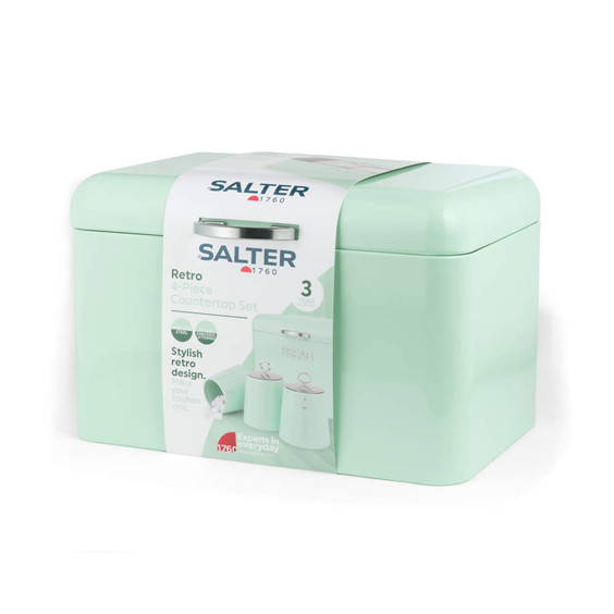 Mint green bread bin from Salter Retro 4-piece countertop set, shown in packaging.