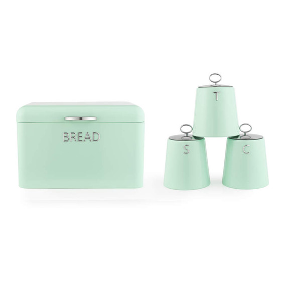 Set of mint green kitchen canisters for bread, tea, sugar, and coffee
