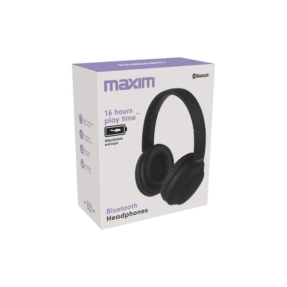 Maxim black Bluetooth headphones retail box, features 16 hours play time, adjustable earcups.