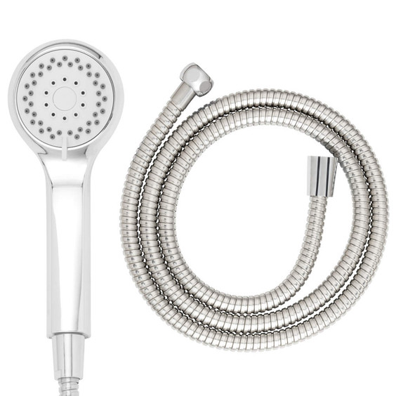 Chrome shower handset with flexible hose, shown coiled for product listing.