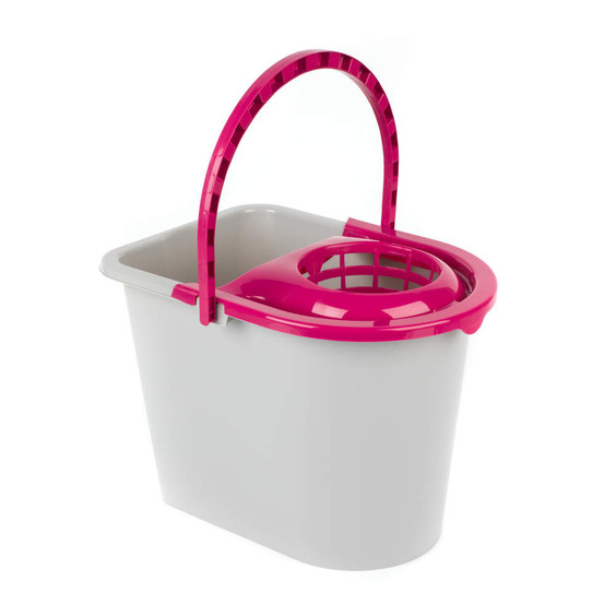 Grey mop bucket with pink handle and wringer, shown from front angle.