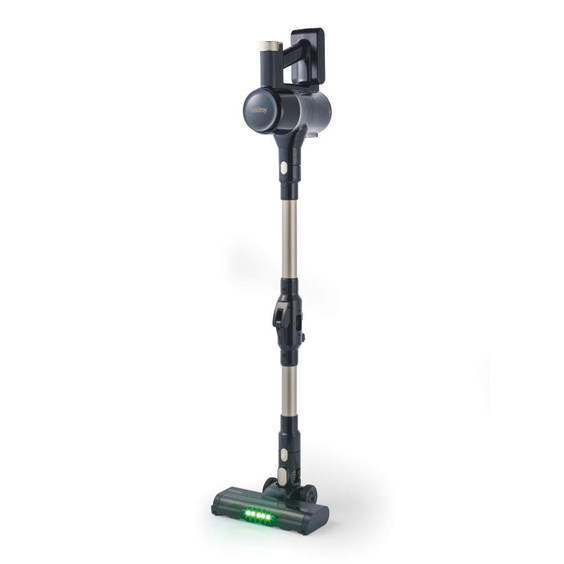 Cordless stick vacuum cleaner, navy and gold, upright with LED floor lights
