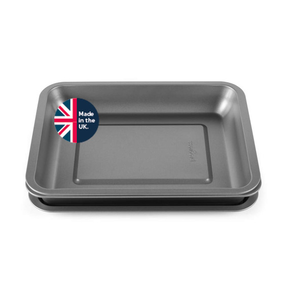 Set of two silver non-stick roasting trays, UK made badge on corner