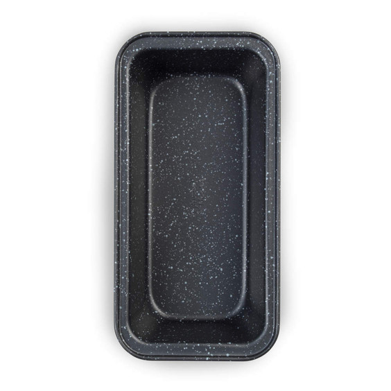 Grey speckled non-stick loaf tin, rectangular, shown from above