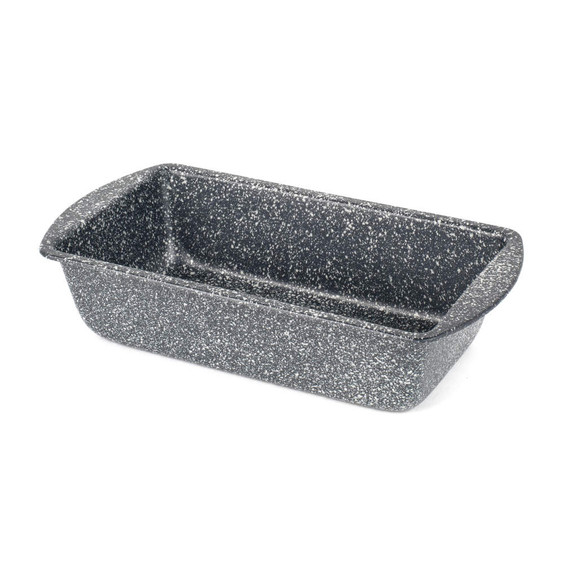 Grey speckled non-stick loaf tin, shown angled on white background