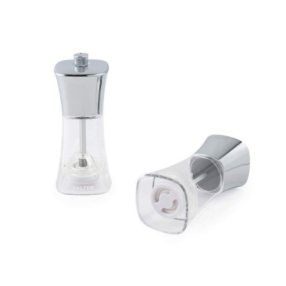 Clear acrylic salt or pepper mill with silver top, shown upright and on its side