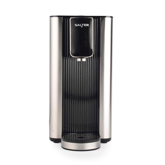 Black and silver Salter countertop hot water dispenser, front view.